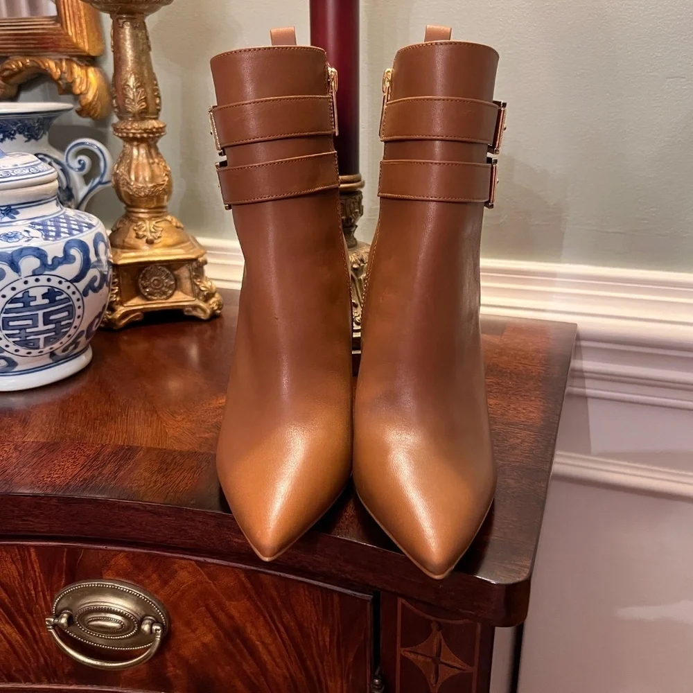 EUC Michael Kors Amal Luggage Brown Leather Stiletto Ankle Bootie Boots Size 7.5 - Picture 4 of 9